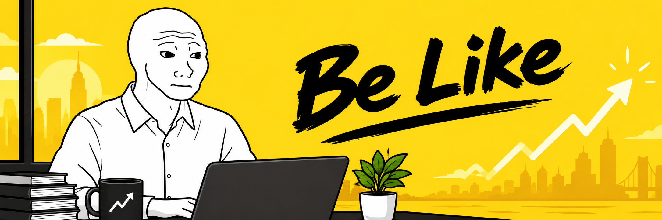 Be Like banner — wojak at the desk, chasing the next ATH